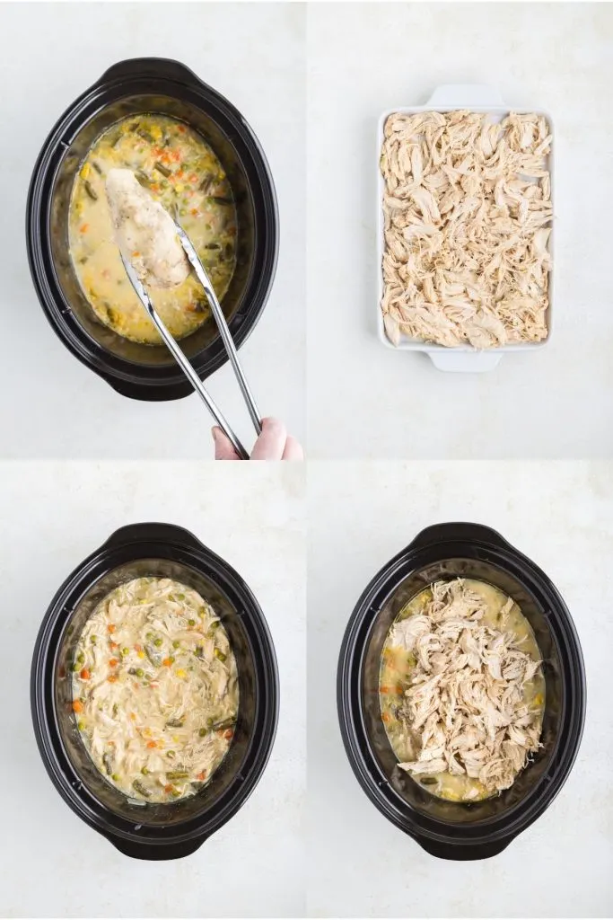 Collage showing four steps to make the pot pie.