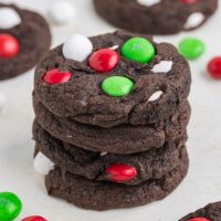Stack of Chocolate Cake Mix Christmas Cookies with M&Ms.