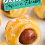 Close-up of Crescent Roll Pigs in a Blanket: hot dog wrapped in crescent dough, topped with salt, labeled.