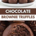 Plate of brownie truffles with chocolate sprinkles; one truffle cut open shows moist, rich brownie center.