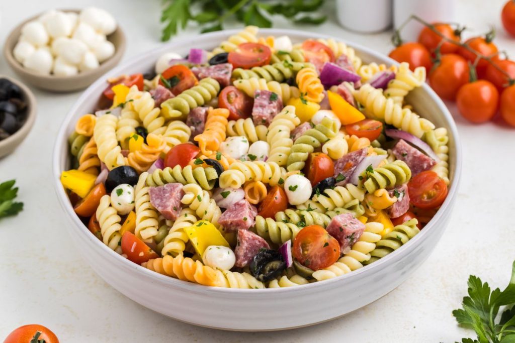 Bowl of easy Italian pasta salad on the counter. 