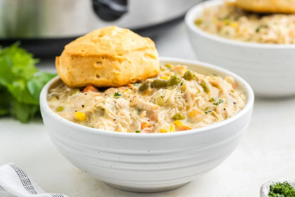 Bowl of chicken pot pie topped with a biscuit with the slow cooker in the background. 