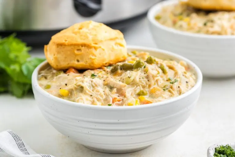 A white bowl filled with creamy chicken and vegetable stew, topped with a golden biscuit. Another bowl and a slow cooker are in the background, with some fresh cilantro nearby.