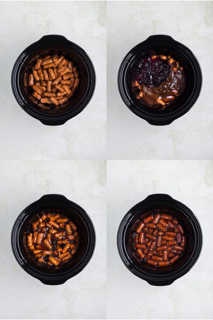 Collage showing four steps to make the slow cooker little smokies with grape jelly and BBQ sauce. 