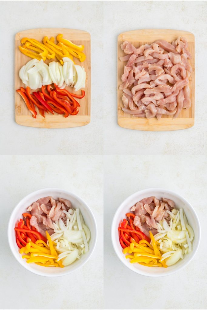 Collage showing four steps to make the fajitas.