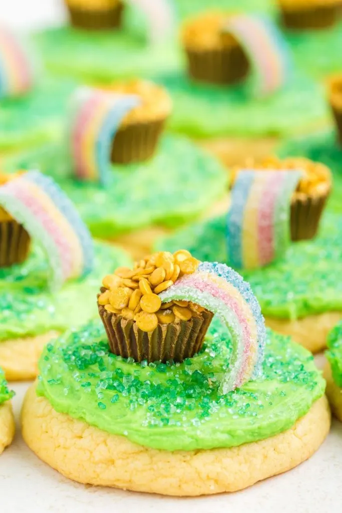 Yellow cake mix cookies decorated with pots of gold. 