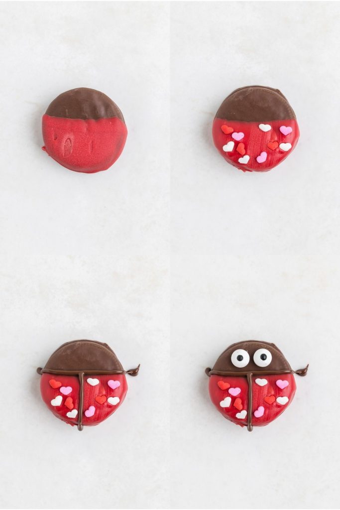 Collage showing four steps to decorate the lady bugs.