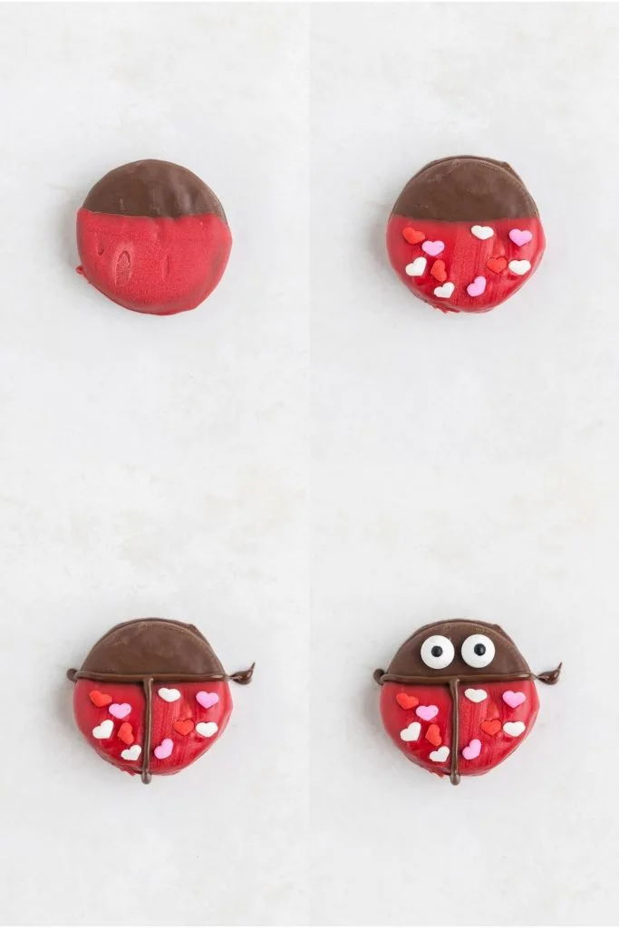 Collage showing four steps to decorate the lady bugs.