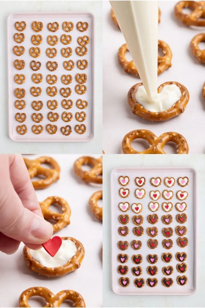 Collage showing four steps to make the chocolate filled pretzels.