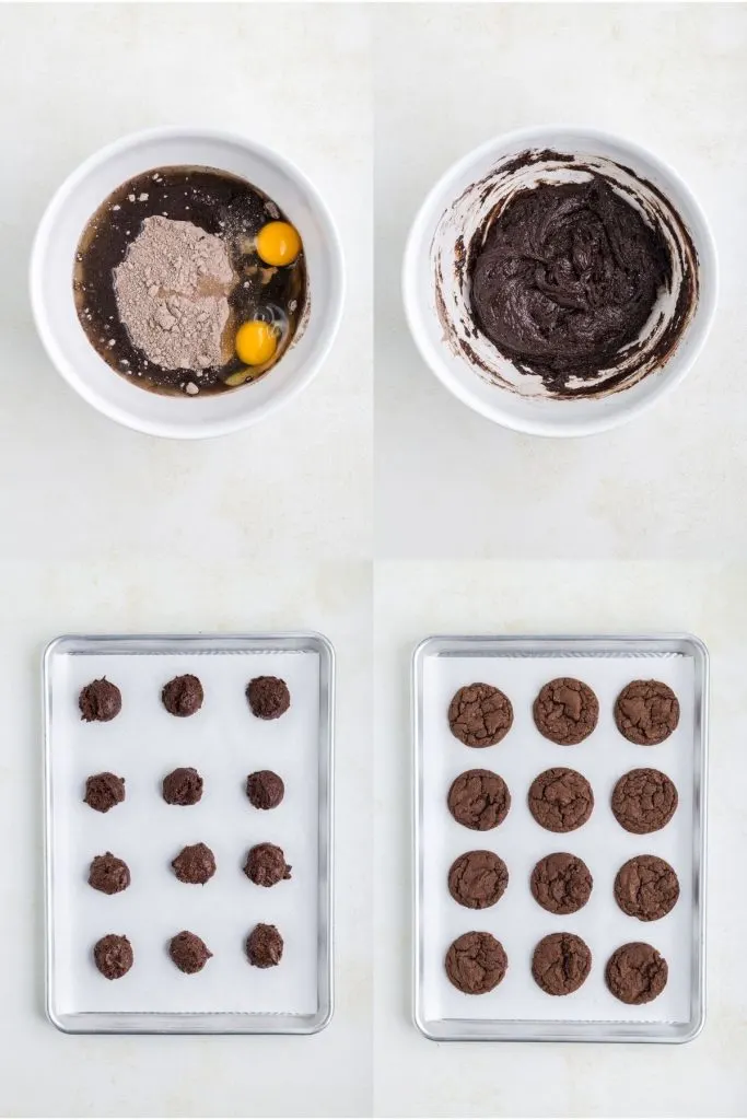 Collage of images illustrating the stages of preparing chocolate cookies, from mixing batter to baking in the oven.