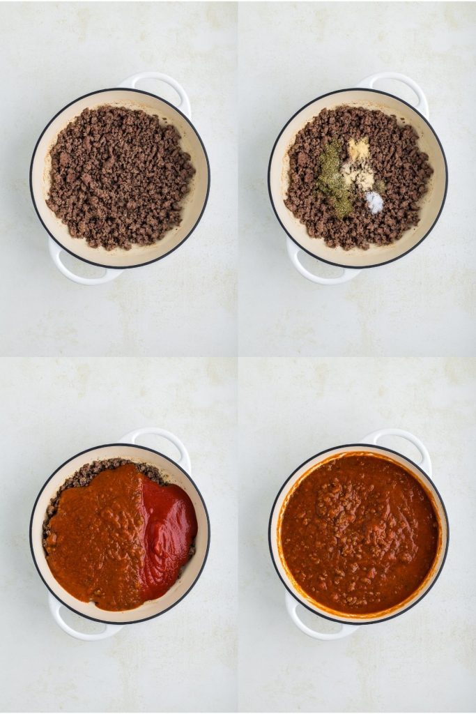 Collage showing four steps to make the meat sauce.