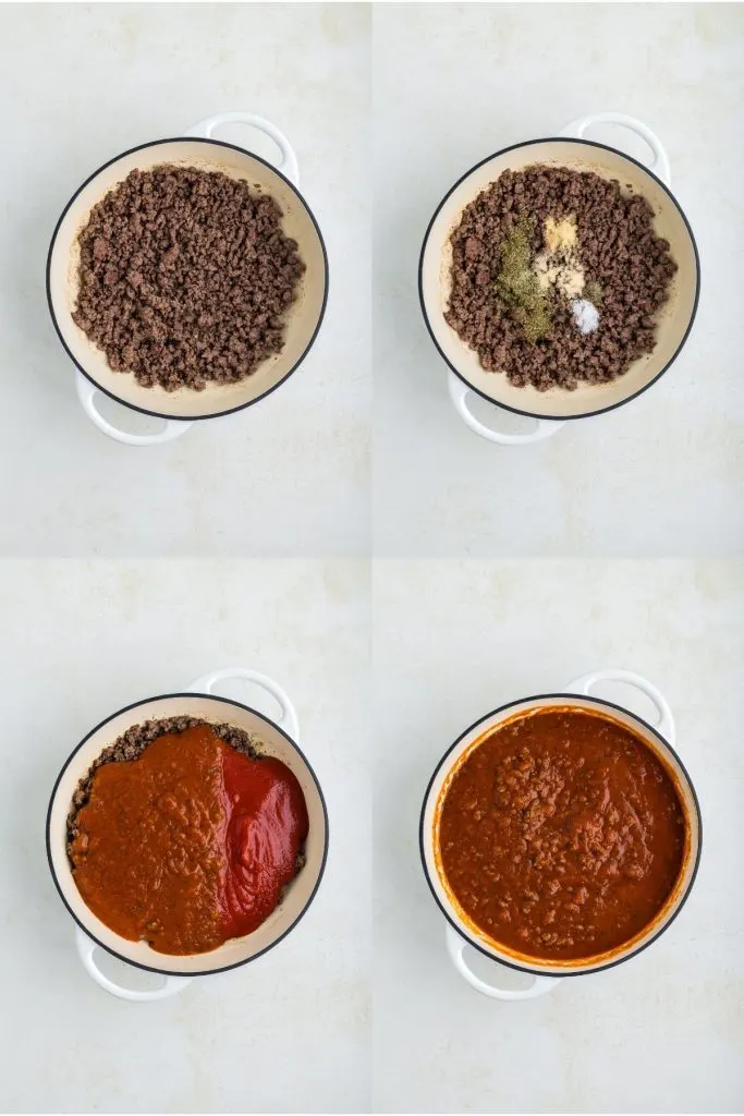 Collage showing four steps to make the meat sauce.