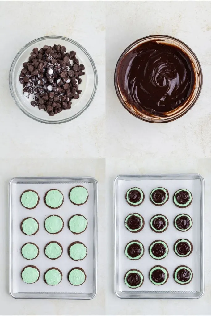 Collage showing four steps to make the ganache and frost the cookies. 