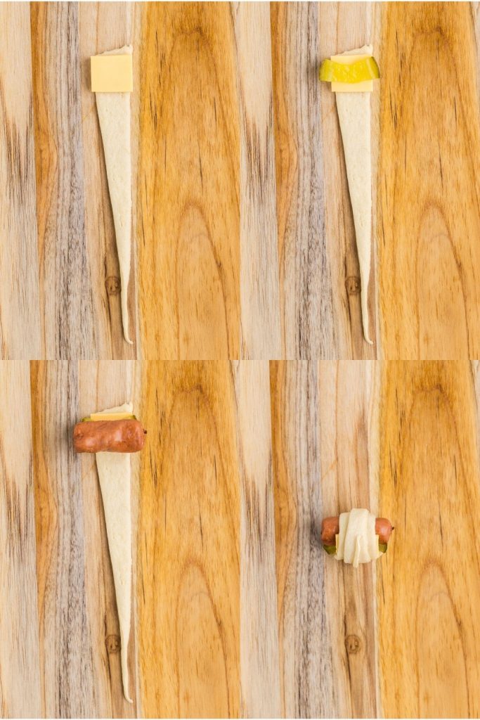 Collage showing four steps to assemble the pigs in a blanket.