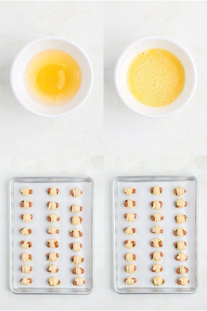 Collage showing four steps to apply the egg wash. 
