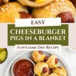 Plate of baked cheeseburger pigs in a blanket with cheese, pickles, and ketchup for dipping.