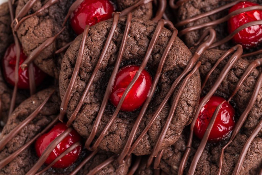 Pile of chocolate covered cherry cookies. 