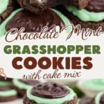 Stack of chocolate mint Grasshopper cookies with green filling and chocolate topping on a white surface.
