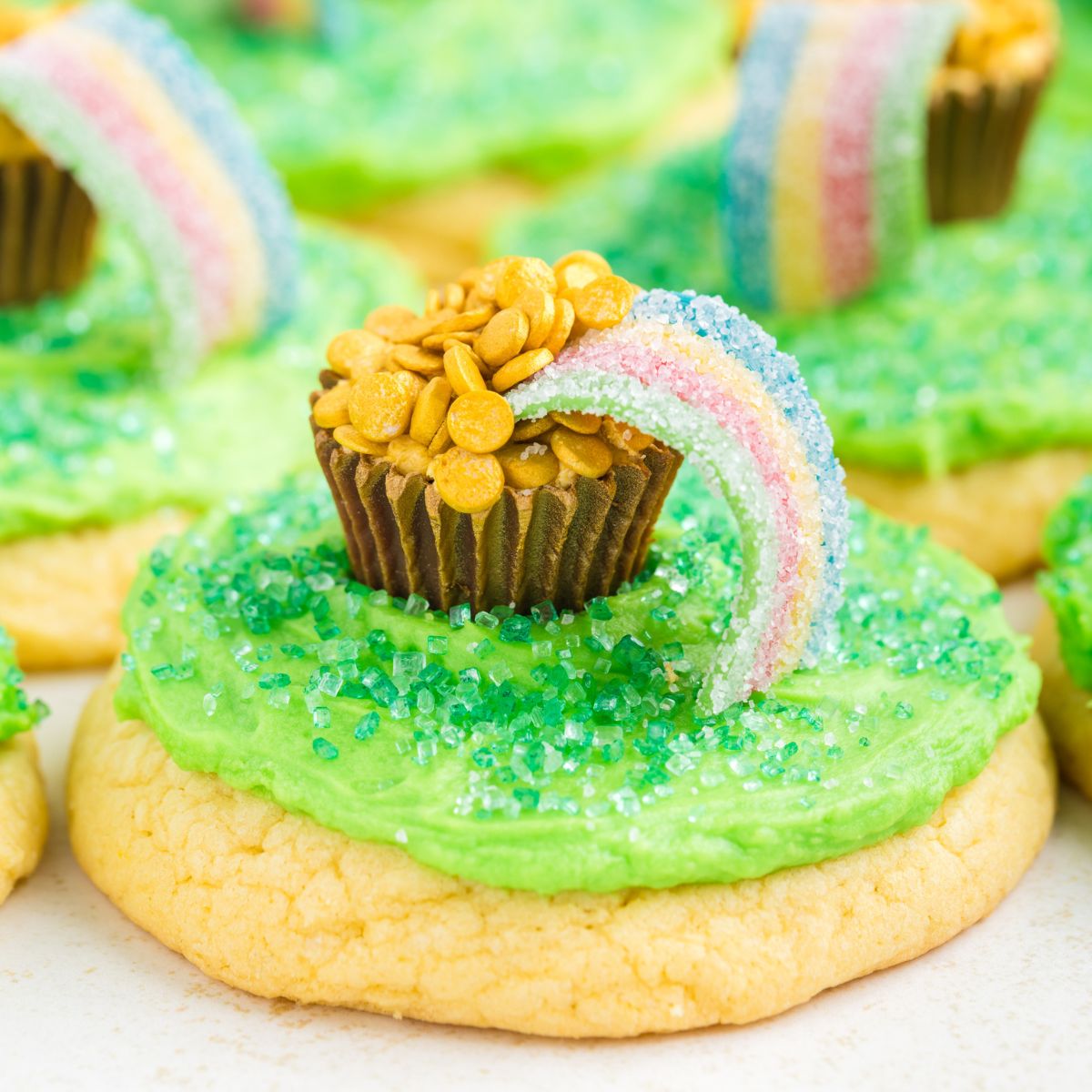 Yellow cake mix cookies decorated with pots of gold.