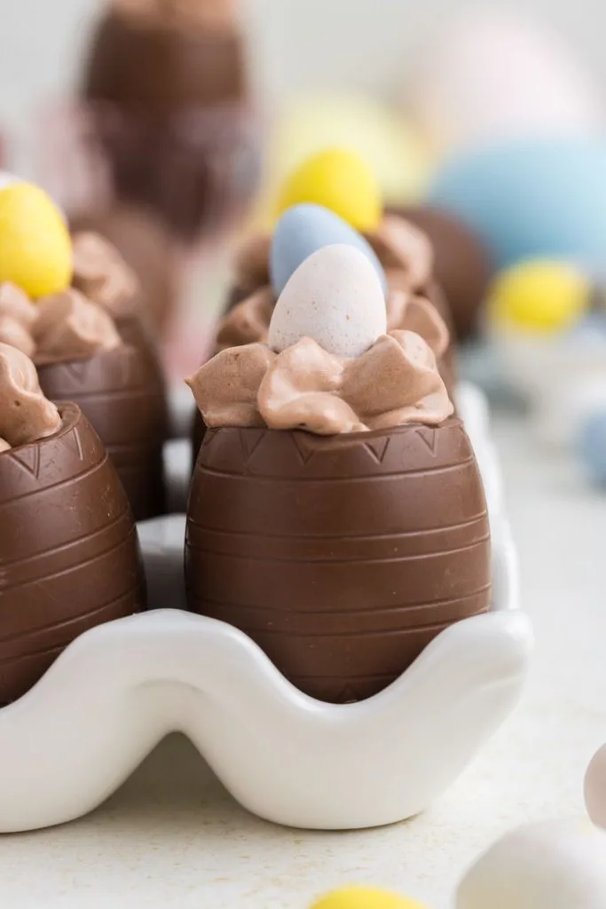 Chocolate Easter eggs filled with chocolate mousse and topped with mini chocolate eggs. 