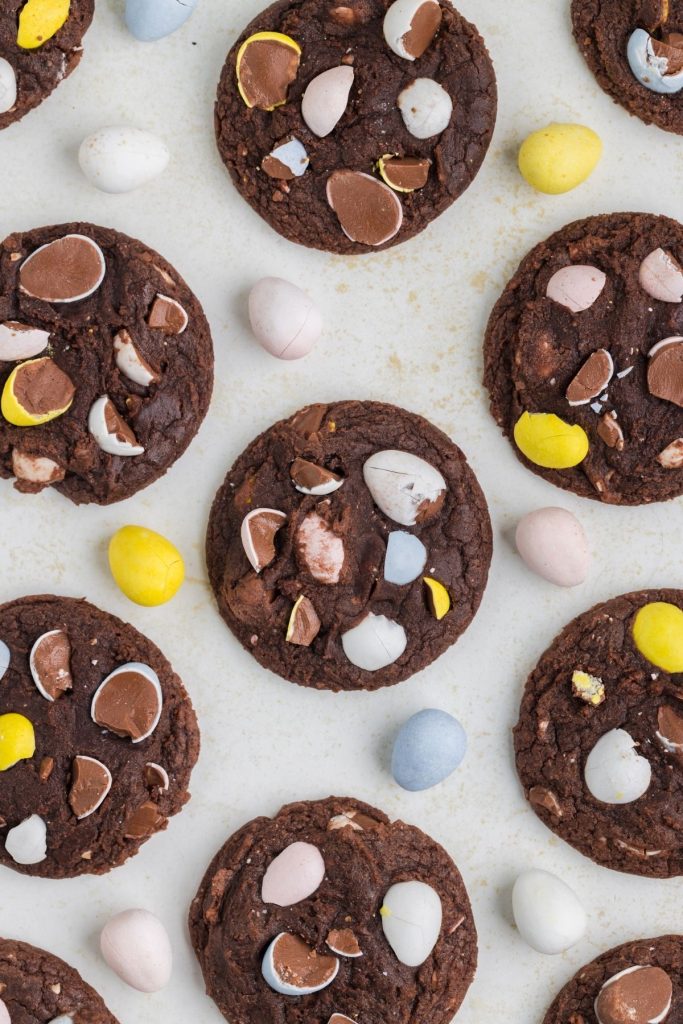 Easter-themed brownie cookies with assorted candy eggs.