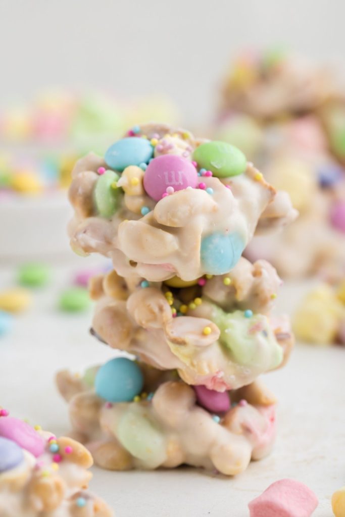 Three Easter candy peanut clusters stacked on each other. 