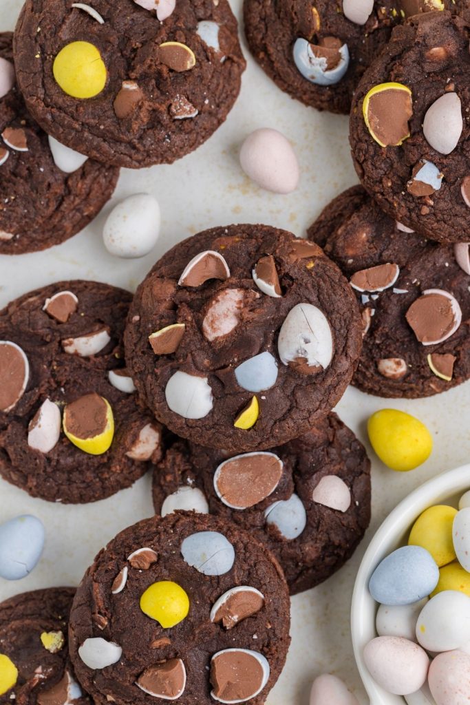 Chocolate brownie Easter cookies with colorful eggs - a festive treat perfect for celebrating the holiday season.