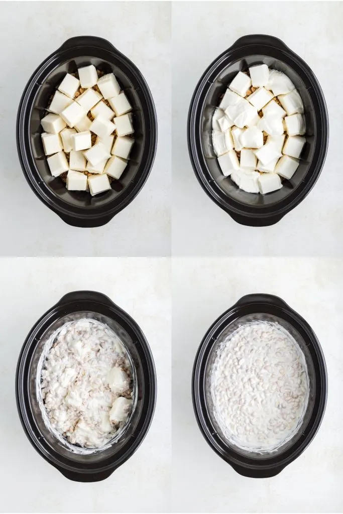Collage showing four steps to make the candies in the crockpot.
