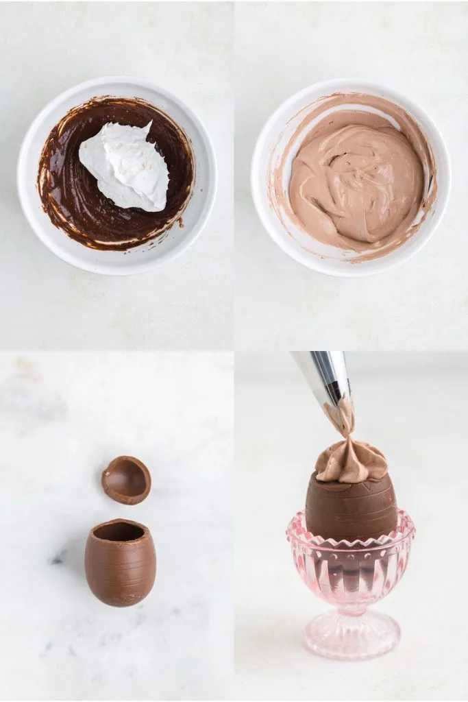 Collage showing four steps to make the chocolate mousse and filled the eggs.