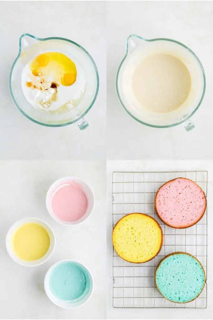 Collage showing four steps the prepare the colorful cake mix batter. 