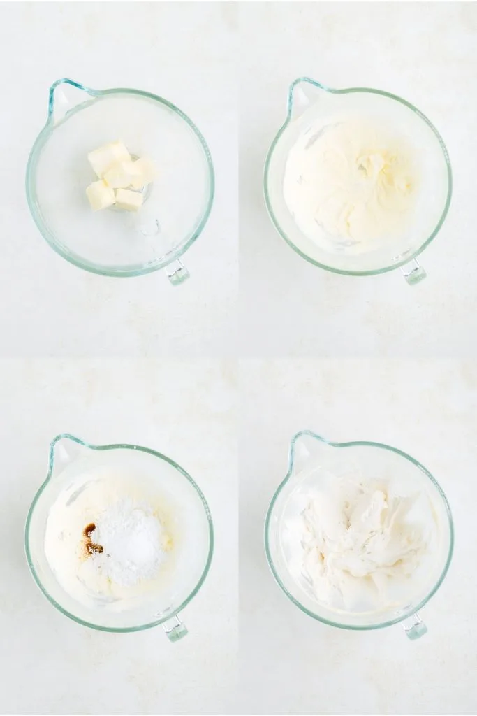 Collage showing four steps to prepare the vanilla buttercream. 