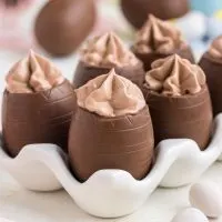 Hollow chocolate eggs filled with easy three ingredient chocolate mousse.