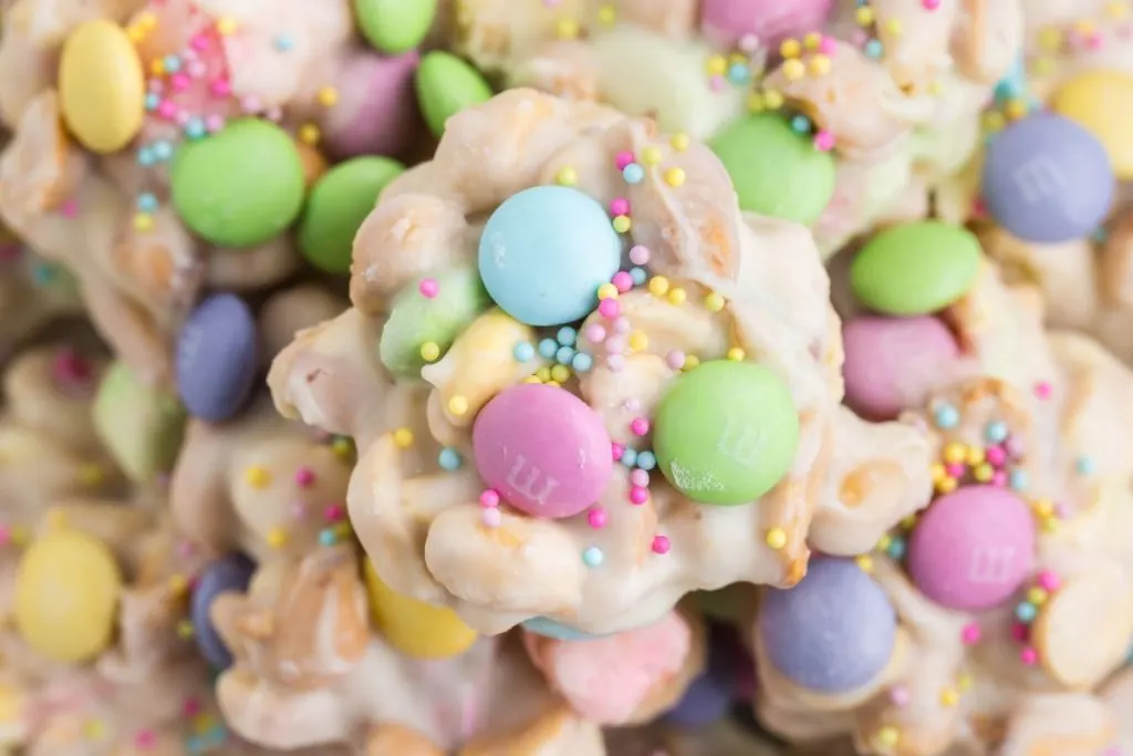 Pile of crockpot Easter candy with bright sprinkles. 