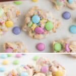Crockpot Easter candy clusters with white chocolate, pastel M&Ms, pretzels, and sprinkles on a white surface.
