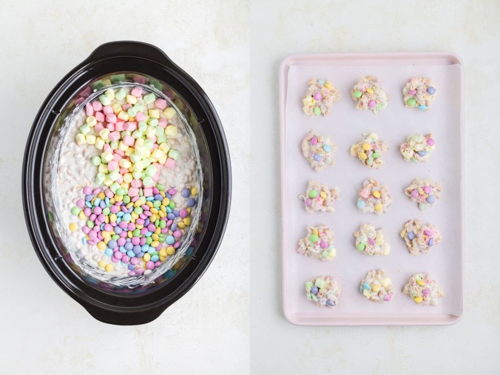 Collage of two steps showing candies being embellished and scooped onto a tray. 