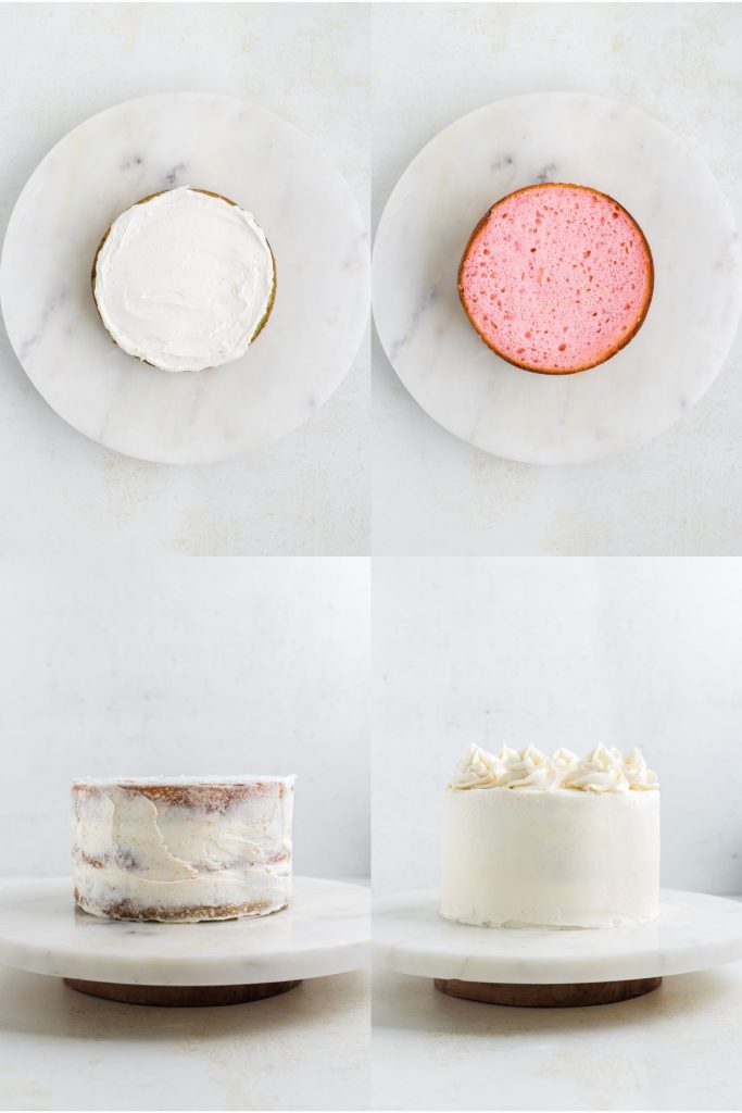 Collage showing four steps to assemble and frost the cake layers. 