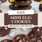 Stack of Mini Egg Brownie Cookies with scattered mini candy eggs, surrounded by more cookies. Text: Easy Mini Egg Cookies.