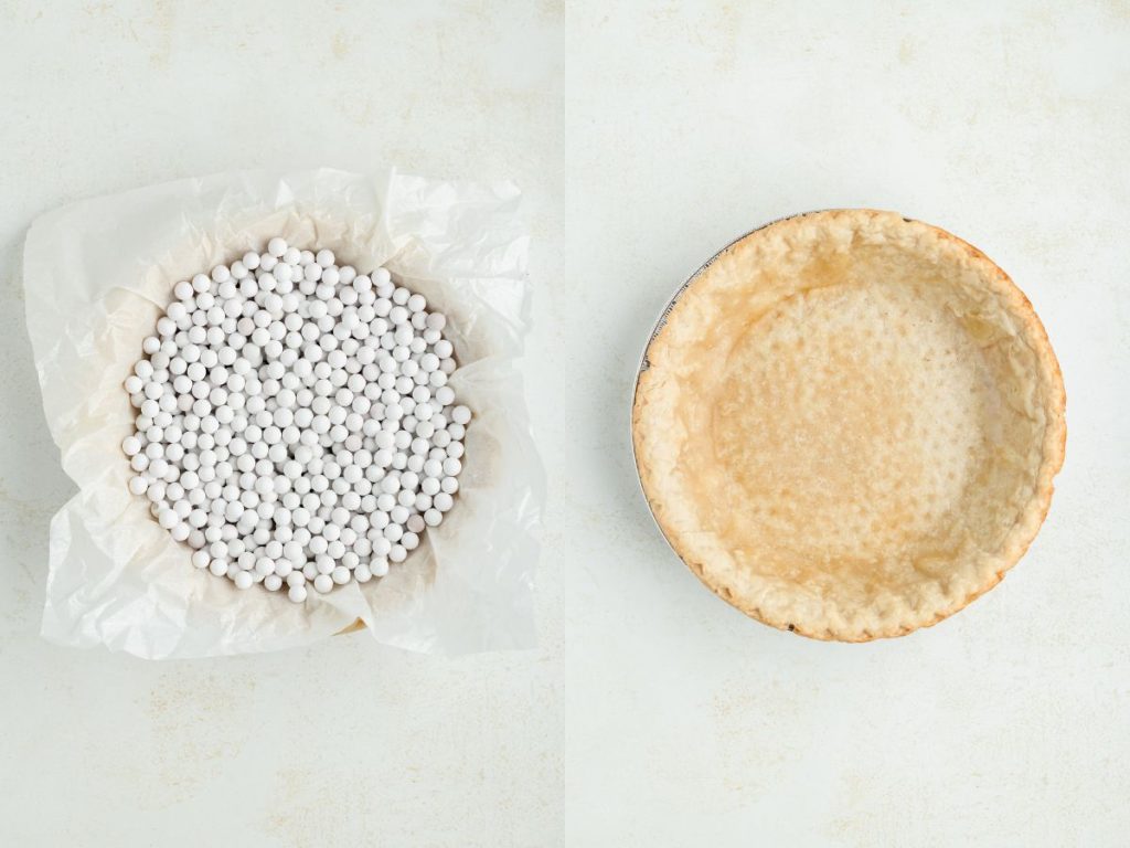 Collage showing two steps to blind bake the pie crust. 