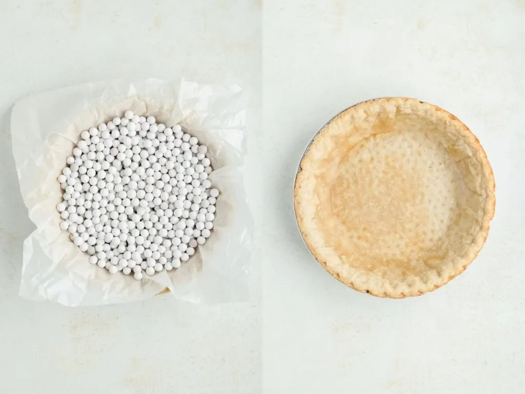 Collage showing two steps to blind bake the pie crust. 