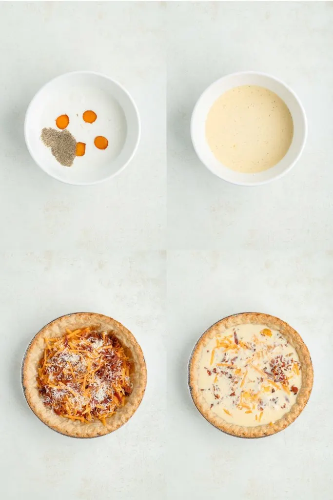 Collage showing four steps to make the egg quiche filling. 