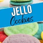 A bitten purple cookie sits in front, with a stack of colorful Easy Jello Cookies and more scattered around.