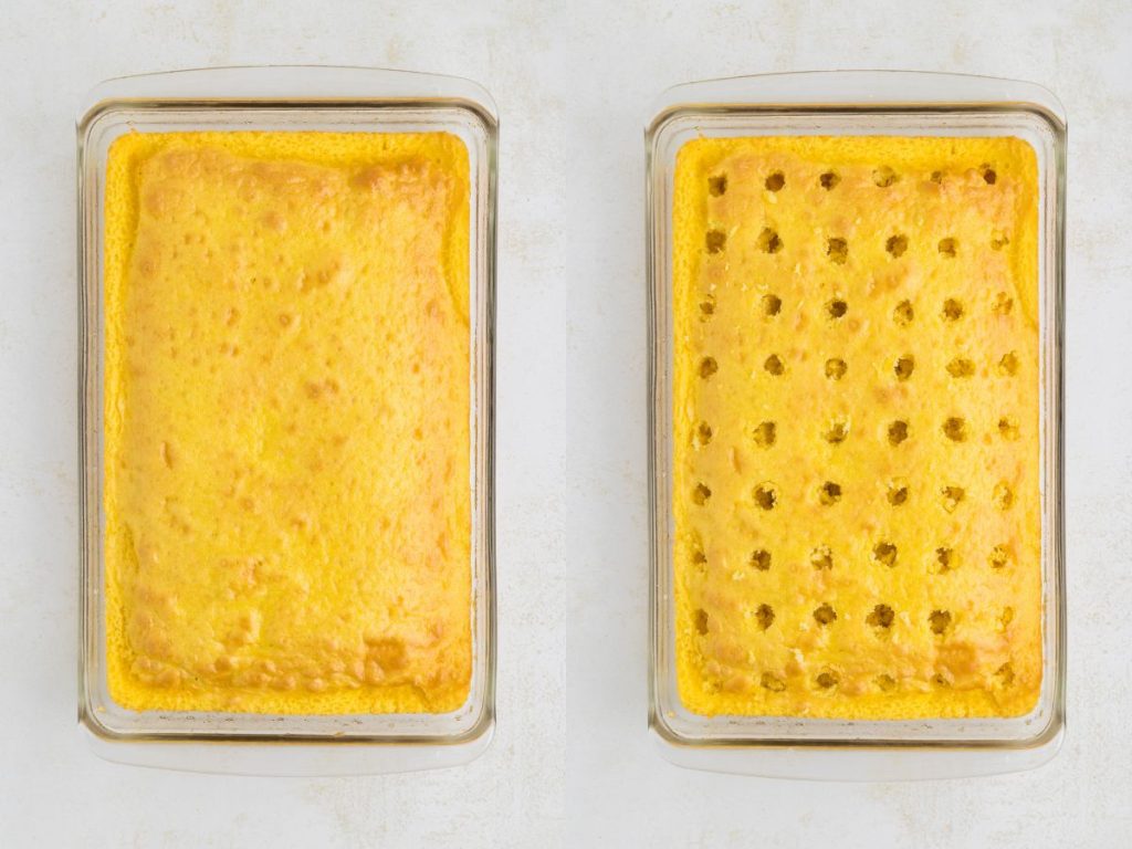 Collage showing a baked cake and a baked cake with holes poked over the surface. 