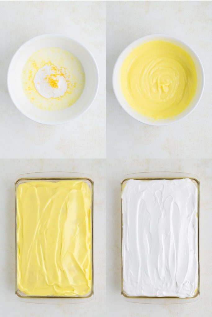 Collage showing four steps to make the lemon pudding and top the cake. 