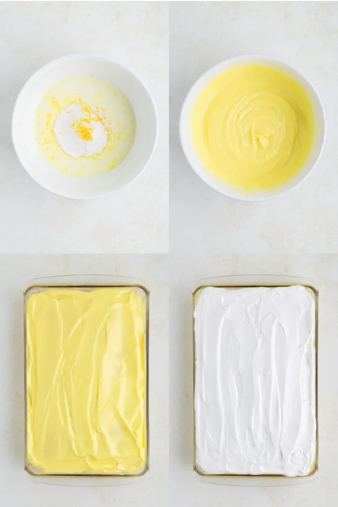 Collage showing four steps to make the lemon pudding and top the cake. 