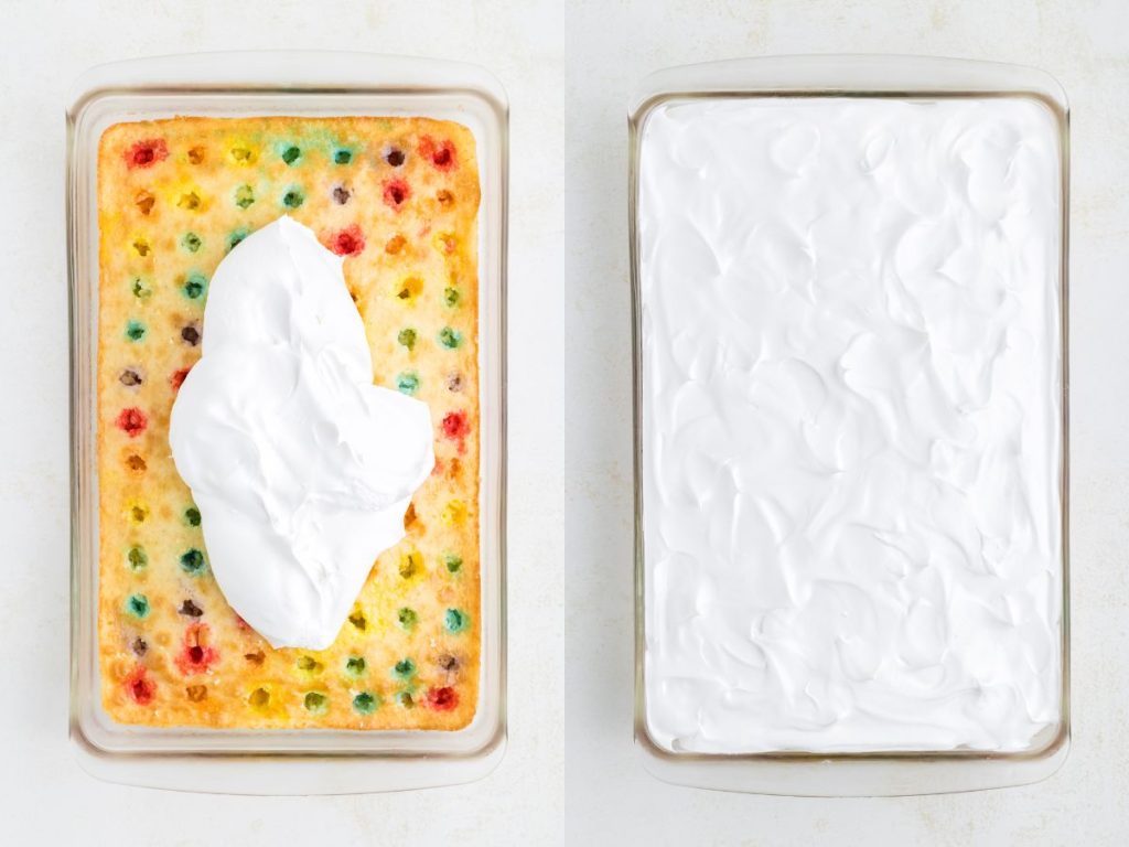 Collage showing rainbow poke cake topped with whipped topping. 