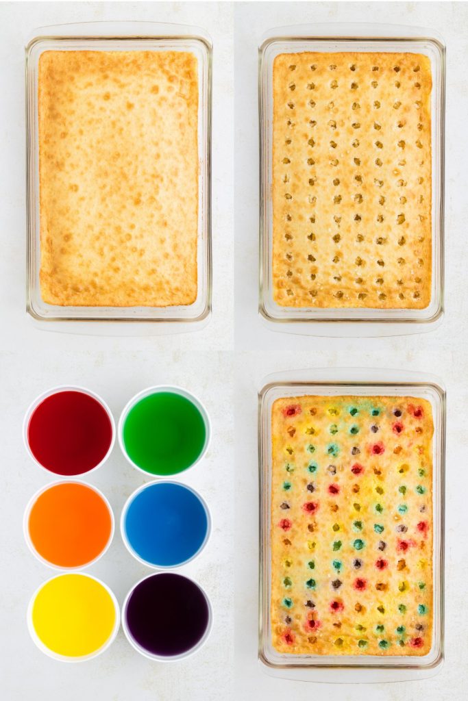 Collage showing four steps to make and color the poke cake.