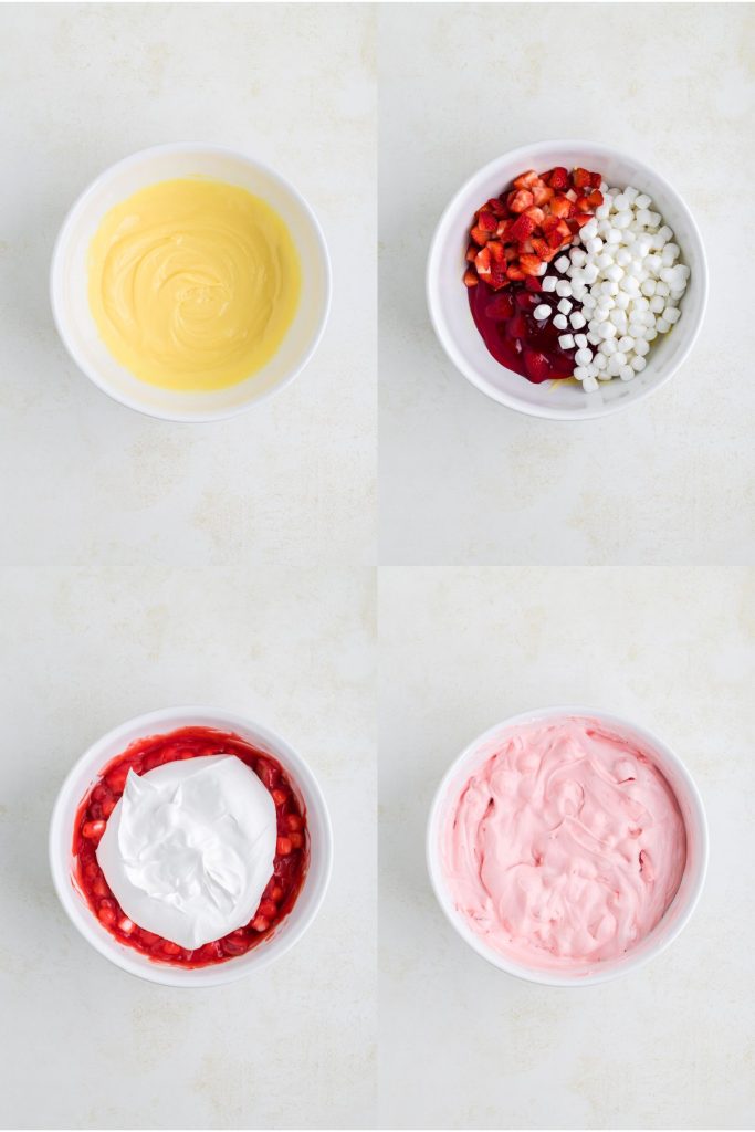 Collage showing four steps to make the dessert.