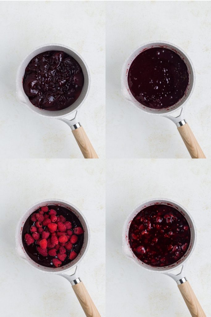 Collage showing four steps to make the raspberry preserve filling. 