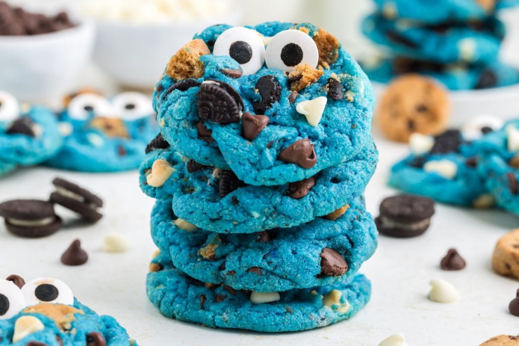 Stack of blue cookies made from cookie mix.