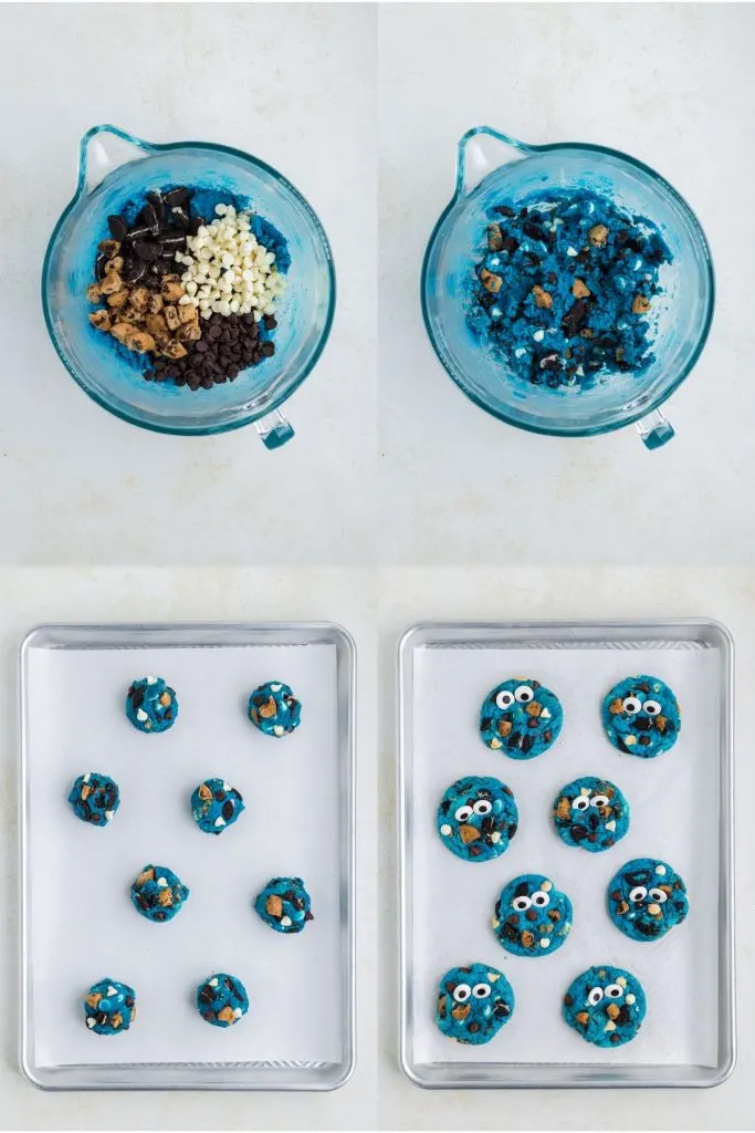 Collage showing four steps to add the mix-ins to the cookies and scoop the dough balls.